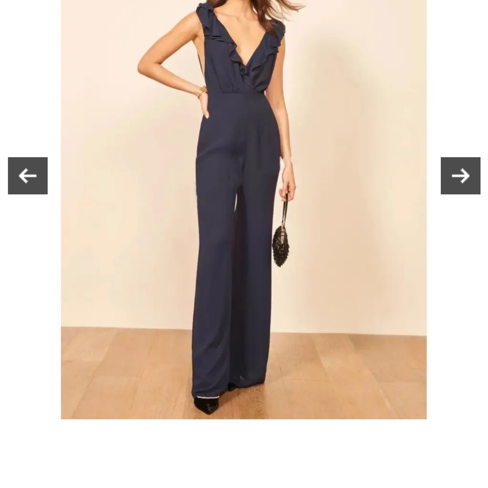 Reformation Deep Blue Ruffle Jumpsuit